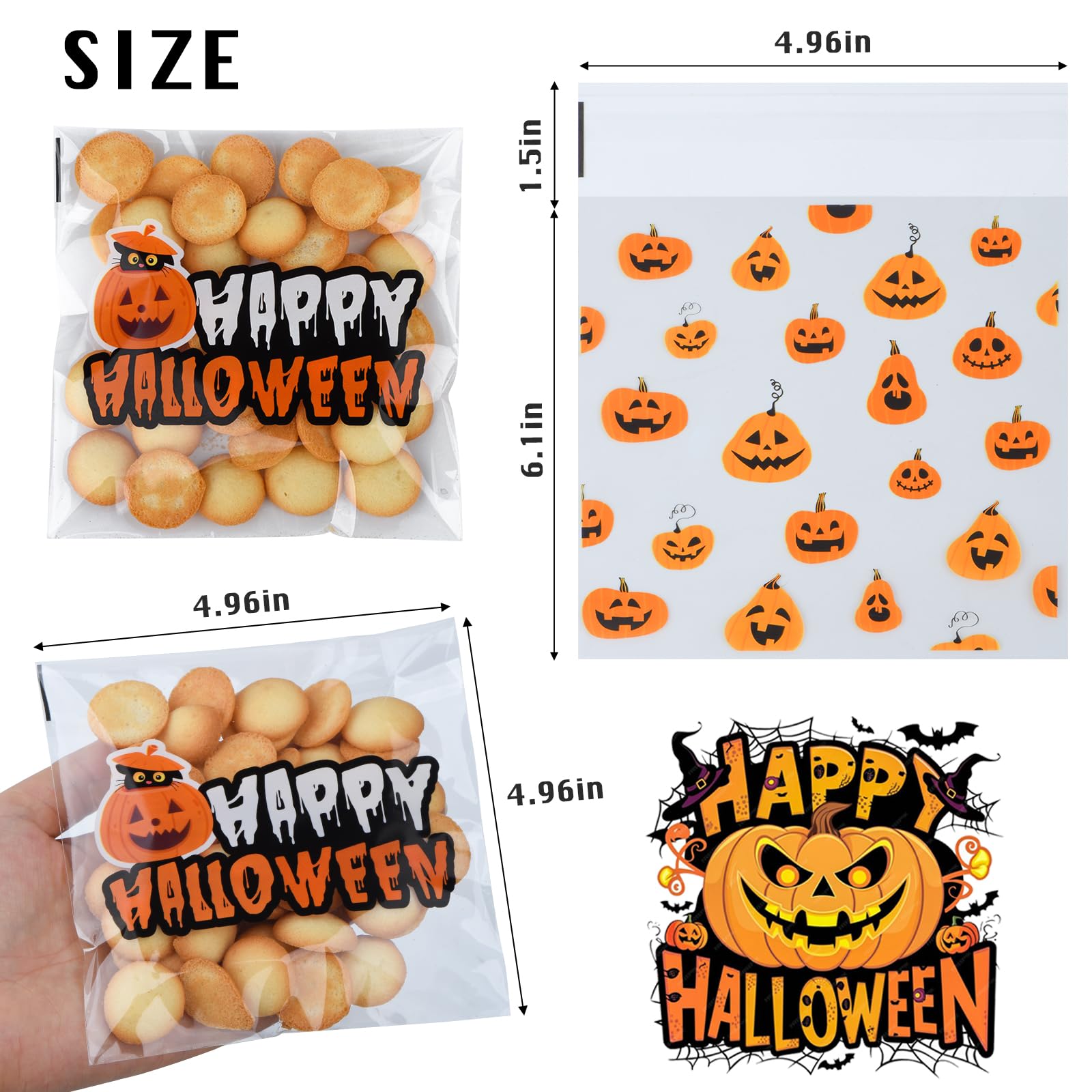 FamEaze Halloween Cellophane Bags, 100 PCS Halloween Cellophane Treat Bags Self Adhesive Clear Cookie and Candy Bags for Halloween Party Favors Supplies, 5 * 5 Inches (4 Style)