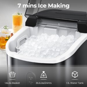 Nugget Ice Makers Countertop with Soft Chewable Pellet Ice, 7 Mins Ice Making, 35.5Lbs/24Hrs, Pebble Ice Maker Machine with Self-Cleaning/Ice Basket/Ice Scoop for Home/Office/Bar, Black