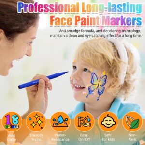 Drawdart 18 Colors Face Painting Markers, Water Resistance Sweatproof Halloween Face Body Paint Markers, Waterproof Tattoo Pen, Anti Smudge Face Paint Markers for Halloween Party Kids Adults