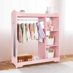 OOOK Kids Clothing Rack and Armoire with Mirror, Appropriate Height Kids Dress up Storage with Anti-tip Device, Helping Children Manage Own Clothes, Nice Dressers for Kids Room, Nursery