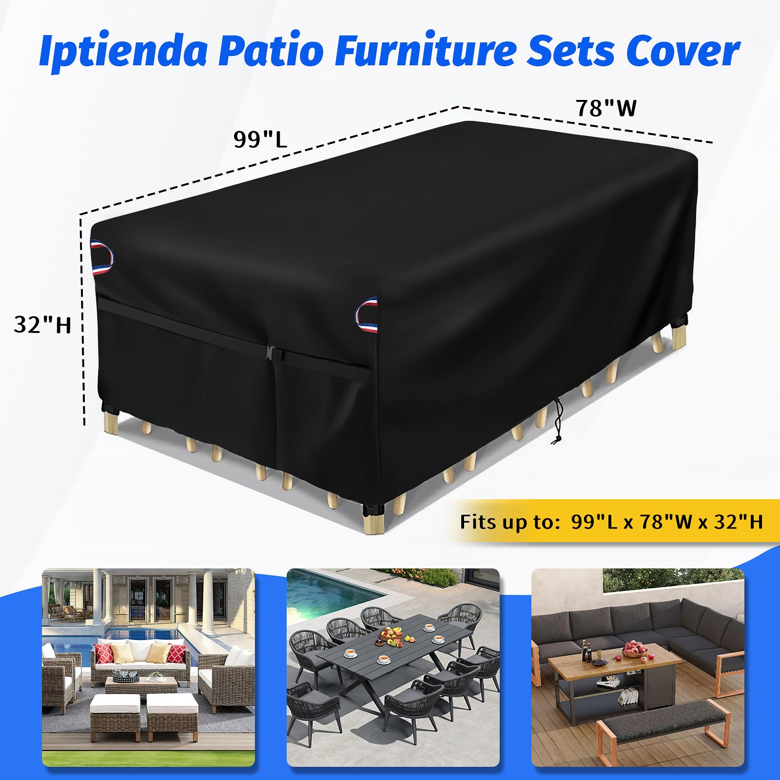 Iptienda Patio Furniture Cover, 99inch Outdoor Furniture Sets Cover Waterproof for Outdoor Couch and Sofa Sectional and Table Rectangular, Black- 99"L x 78"W x 32"H