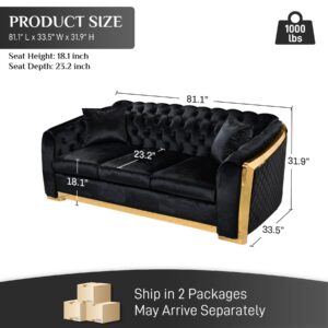 Mid Century Modern Chesterfield Sofa Couch, 81" Velvet Couch Chesterfield Sofa Luxury Upholstery Curved Sofas for Living Room, 3 Seat Tufted Sofa Furniture with 2 Pillows & Classic Gold Legs, Black