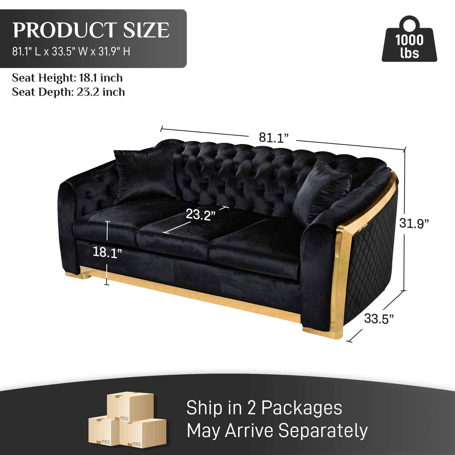 Mid Century Modern Chesterfield Sofa Couch, 81" Velvet Couch Chesterfield Sofa Luxury Upholstery Curved Sofas for Living Room, 3 Seat Tufted Sofa Furniture with 2 Pillows & Classic Gold Legs, Black