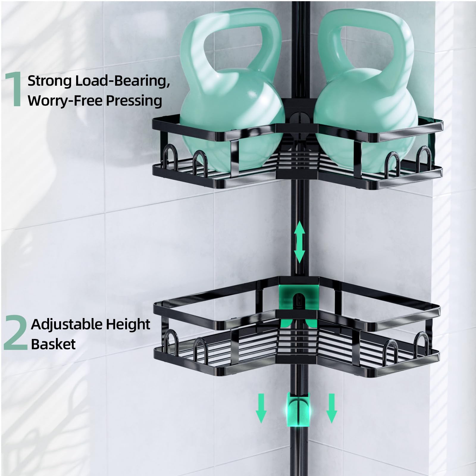 HEVEL Corner Shower Caddy Tension Pole, 4 Tier Adjustable Shower Organizer Corner 62-115 Inch, Rustproof Bathroom Corner Shower Shelves for Bathtub Storage