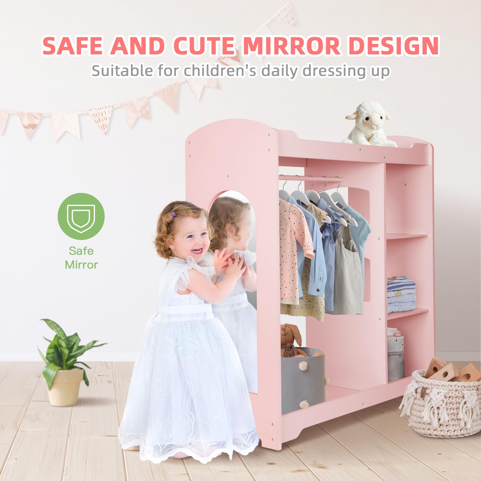 OOOK Kids Clothing Rack and Armoire with Mirror, Appropriate Height Kids Dress up Storage with Anti-tip Device, Helping Children Manage Own Clothes, Nice Dressers for Kids Room, Nursery