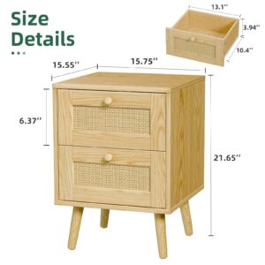 infurnic Rattan Nightstand, End Table, Nightstands Set of 2, Side Table with 2 Hand Made Rattan Decorated Drawers, Wood Night Stand Beside Table with Storage for Bedroom, Natural, 2 Pack