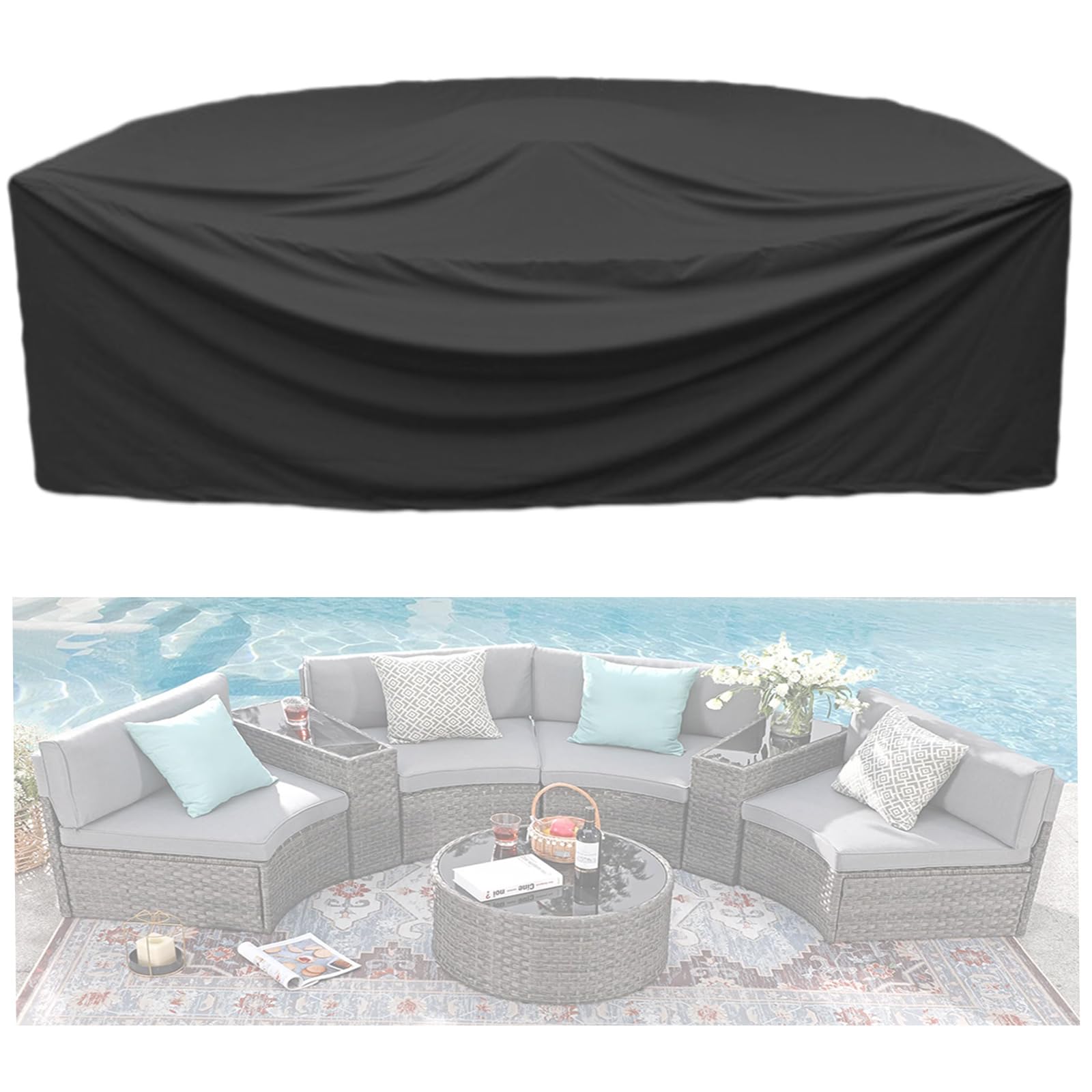 ZHMIZHAM Half Moon Patio Furniture Set Covers, Half Moon Outdoor Sectional Cover Waterproof, Semi Circle Patio Sofa Couch Cover with Drawstring and Adjustable Shoulder Strap (125 * 59 * 30inch,Black)