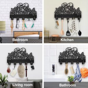 MAYJOYDIY Halloween Skull Key Holder for Wall Wood Rose Flower Skeleton Undead Key Hook 11.8×7.9inch Black Coat Rack 5 Alloy Hooks Home Decor Gifts Entryway Kitchen Storage Organizer