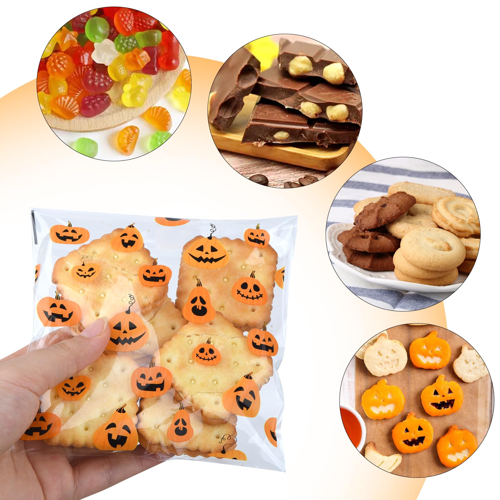 FamEaze Halloween Cellophane Bags, 100 PCS Halloween Cellophane Treat Bags Self Adhesive Clear Cookie and Candy Bags for Halloween Party Favors Supplies, 5 * 5 Inches (4 Style)