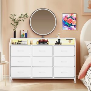 white dresser for bedroom, 9 drawers dresser with led lights & charging station, large fabric dresser with pu finish, kids adults chest of drawers with sturdy frame for entryway closet living room