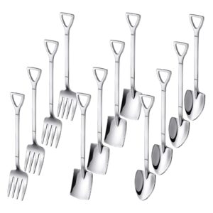 ot-nvwozr 12pcs dessert spoons and forks set, stainless steel shovel shape ice cream spoons, mini shovel spoons for coffee yogurt cake fruit, unique silverware for home cocktail appetizer party