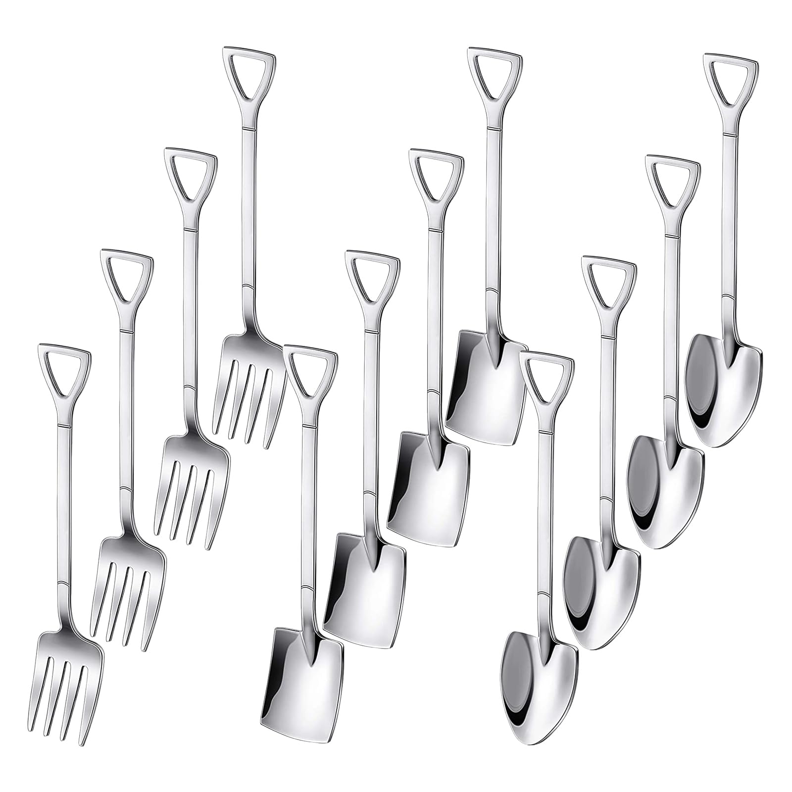 OT-NVWOZR 12PCS Dessert Spoons and Forks Set, Stainless Steel Shovel Shape Ice Cream Spoons, Mini Shovel Spoons for Coffee Yogurt Cake Fruit, Unique Silverware for Home Cocktail Appetizer Party