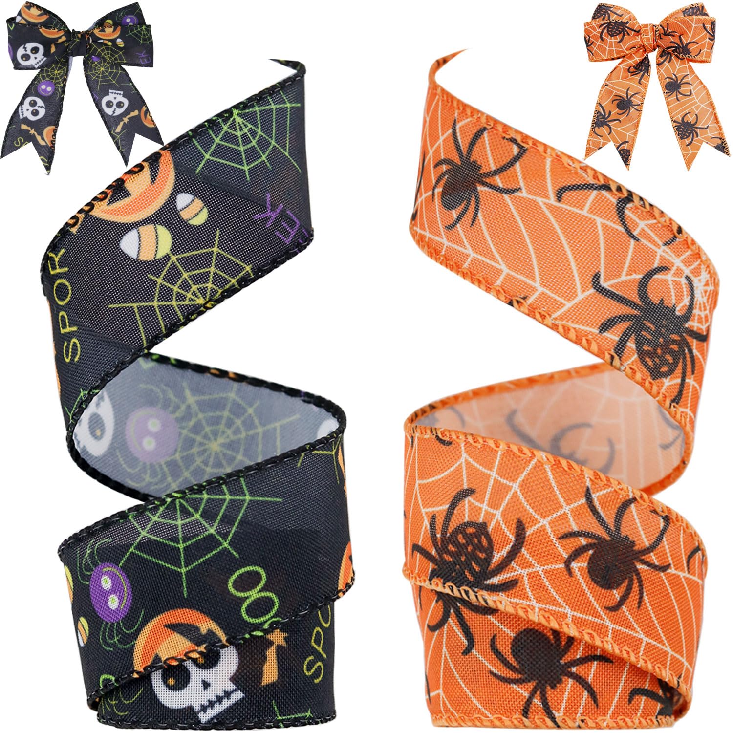 2 Rolls 12 Yards Halloween Wired Edge Ribbon Skull Pumpkin Ribbons Halloween Decorative Spider Web Printed Wrapping Ribbon for Halloween Party Home Wreath DIY Craft Floral Bow