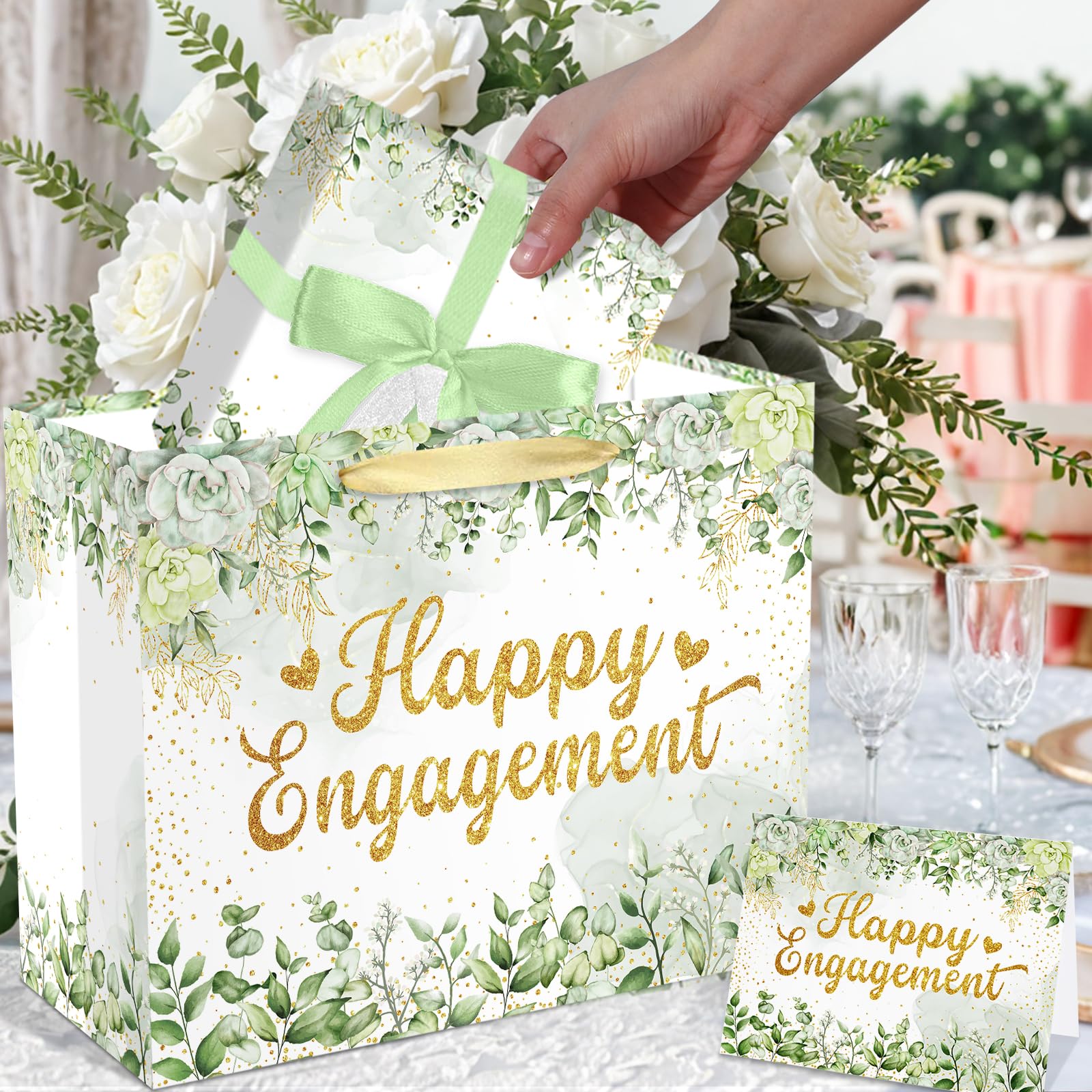 Engagement Party Gift Bags Sage Green Happy Engagement Gift Wrapping Paper Bag with Tissue Paper Card Eucalyptus Christmas Engagement Party Decorations Gift Bags Sage Green Happy Engagement Supplies