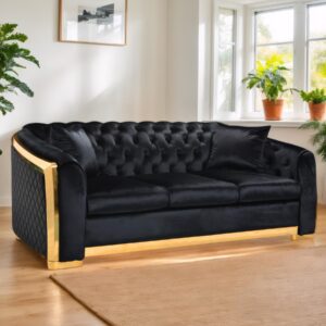 mid century modern chesterfield sofa couch, 81" velvet couch chesterfield sofa luxury upholstery curved sofas for living room, 3 seat tufted sofa furniture with 2 pillows & classic gold legs, black