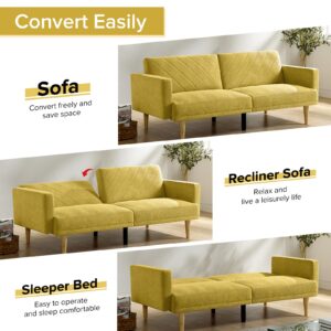 Tilly Lin Multi-Functional Futon Sofa Bed :Tapered Wood Legs - Ideal for Small Living Rooms - Multi-Color Fabric Options - Easily Converts to Single Bed, Yellow