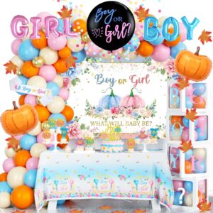 fiesec pumpkin gender reveal decorations, gender reveal party decorations, thanksgiving fall gender reveal decor, what will baby be backdrop balloon tablecloth cake cupcake topper sash box 171 pcs