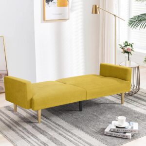 Tilly Lin Multi-Functional Futon Sofa Bed :Tapered Wood Legs - Ideal for Small Living Rooms - Multi-Color Fabric Options - Easily Converts to Single Bed, Yellow