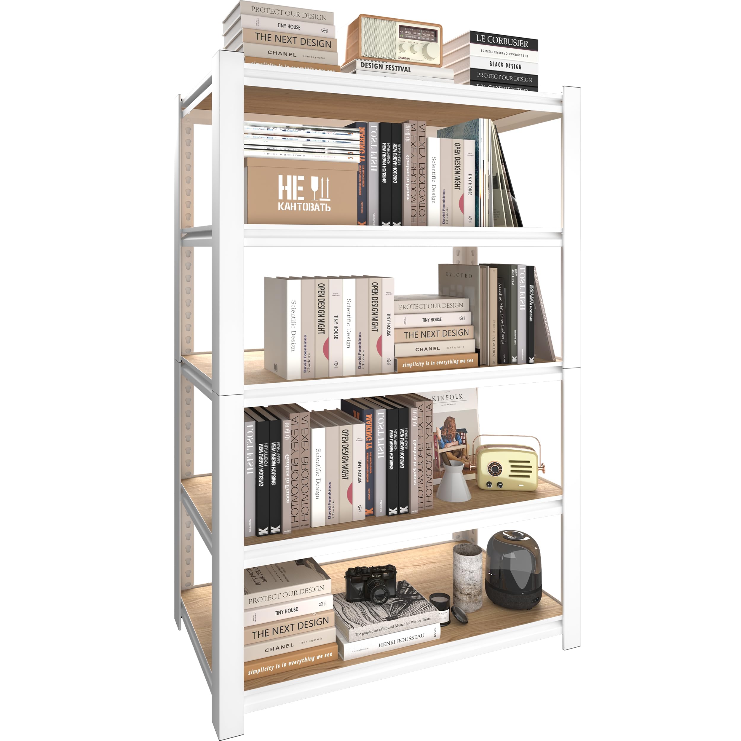 PrimeZone 27.6" W x 11.8" D x 59.8" H 5-Tier Adjustable Book Shelf - Modern Standing Open Bookshelf, Display Bookcase Storage Shelves Organizer for Living Room, Bedroom, Sturdy, Office, White