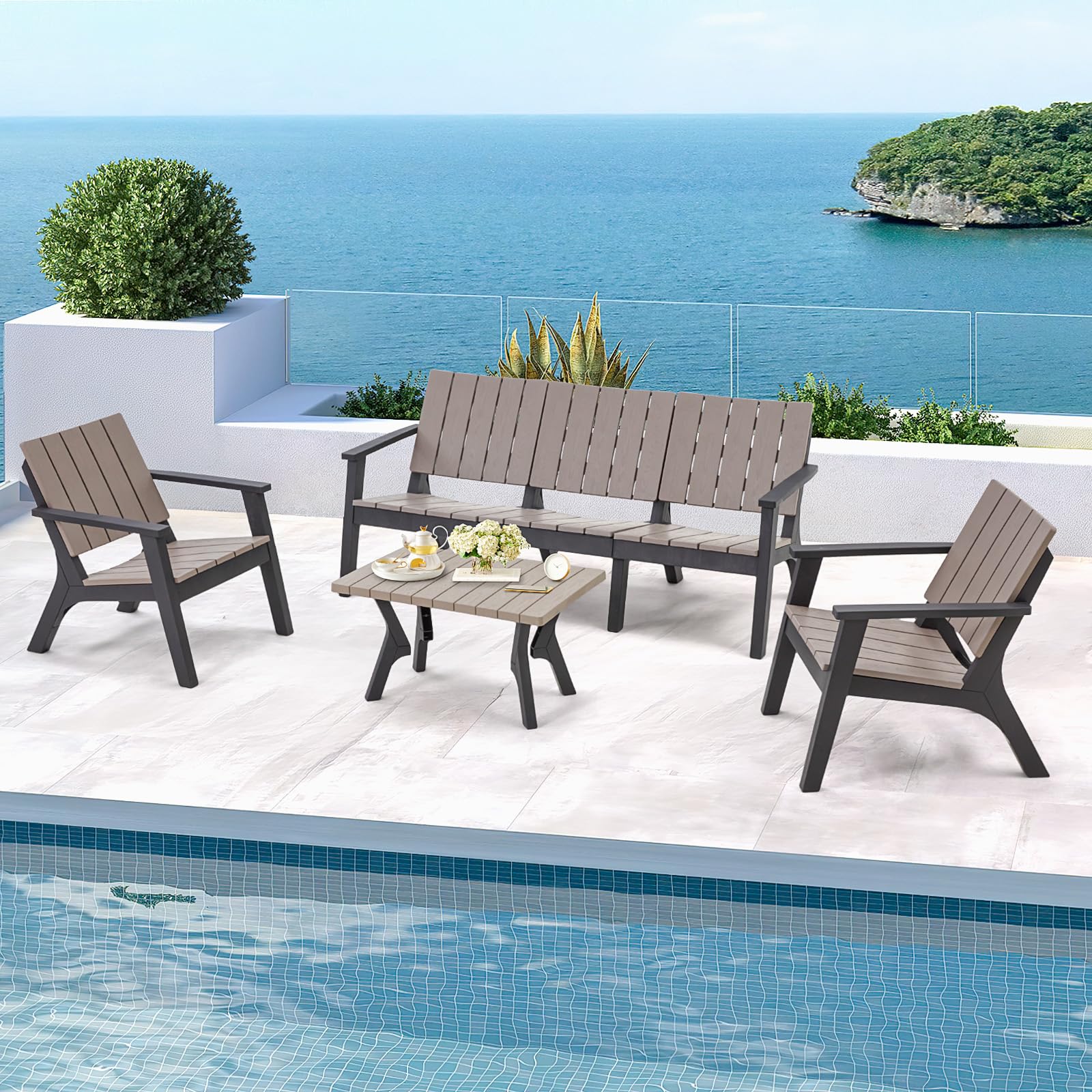 U-MAX HDPE 4 Pieces Patio Furniture Set, Outdoor Patio Conversation Set with Coffee Table 3-Seat Sofa and 2 Armchairs All Weather Resistant for Porch Garden Lawn Balcony Poolside Backyard