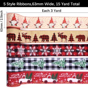 5 Style Christmas Wrapping Ribbons Grosgrain Satin Ribbons Snowflake Christmas Truck Tree elk Santa Claus 63mm Wide for Holiday Festival Gift DIY Craft Decor, 15 Yard Total