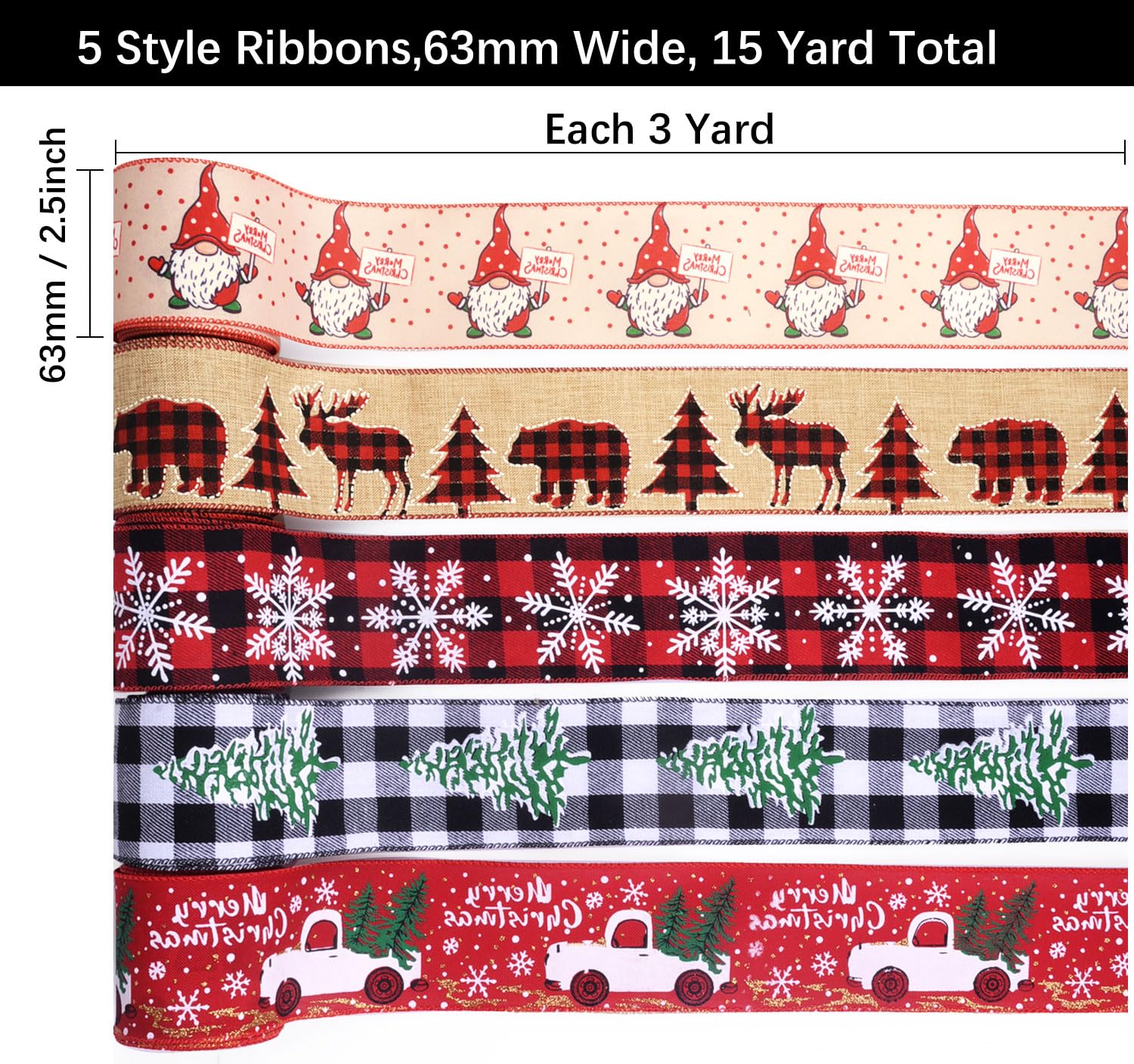 5 Style Christmas Wrapping Ribbons Grosgrain Satin Ribbons Snowflake Christmas Truck Tree elk Santa Claus 63mm Wide for Holiday Festival Gift DIY Craft Decor, 15 Yard Total