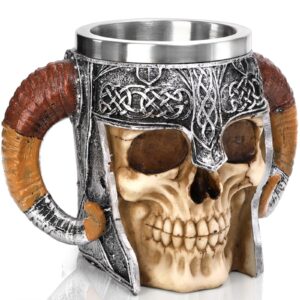 tlence stainless steel skull mug, 20 oz halloween viking drinking cup, large skeleton resin beer stein tankard with double handles, bar drinkware medieval decoration for coffee, tea, novelty gifts