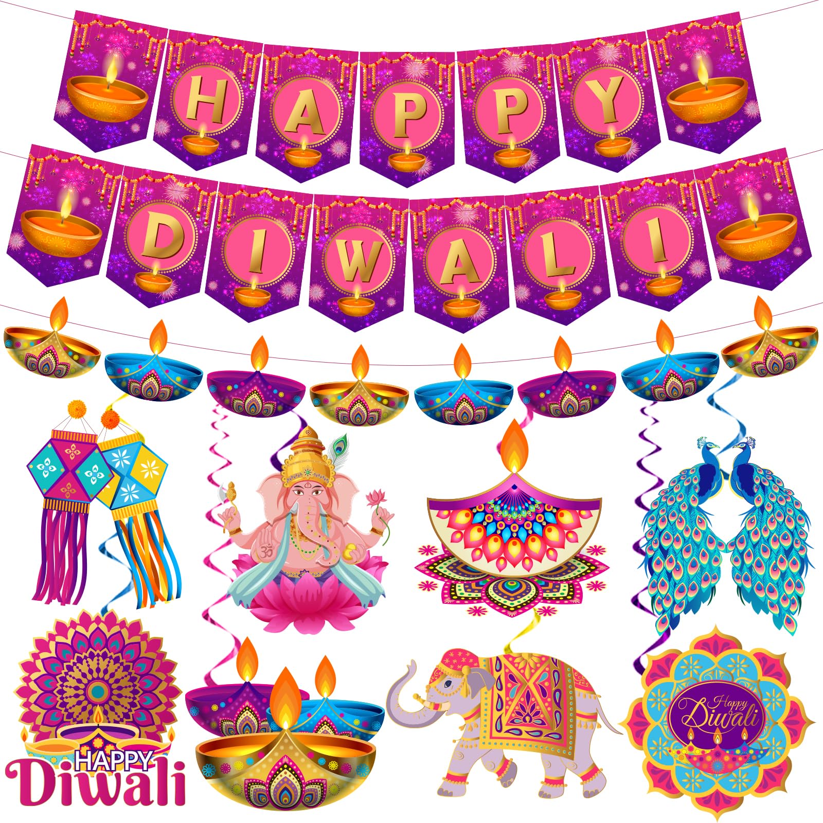 Diwali Decorations for Home, Happy Diwali Decorations includes Happy Diwali Banner and Diwali Hanging Decorations Swirls, Diwali Decorations Hanging Swirls for India Light Festival Diwali Celebration