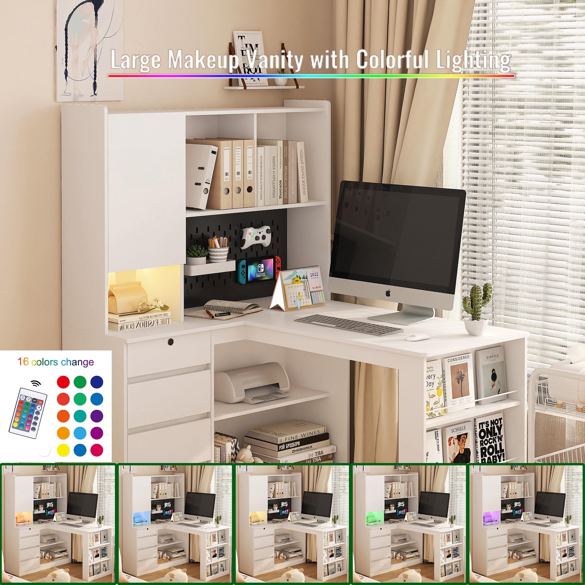 RuiSiSi Home Office L Shaped Corner Desk with Hutch, Drawers & Bookshelf, Modern Desk with LED Light, Study Table Writing Desk, Gaming Computer Desk with Storage, White