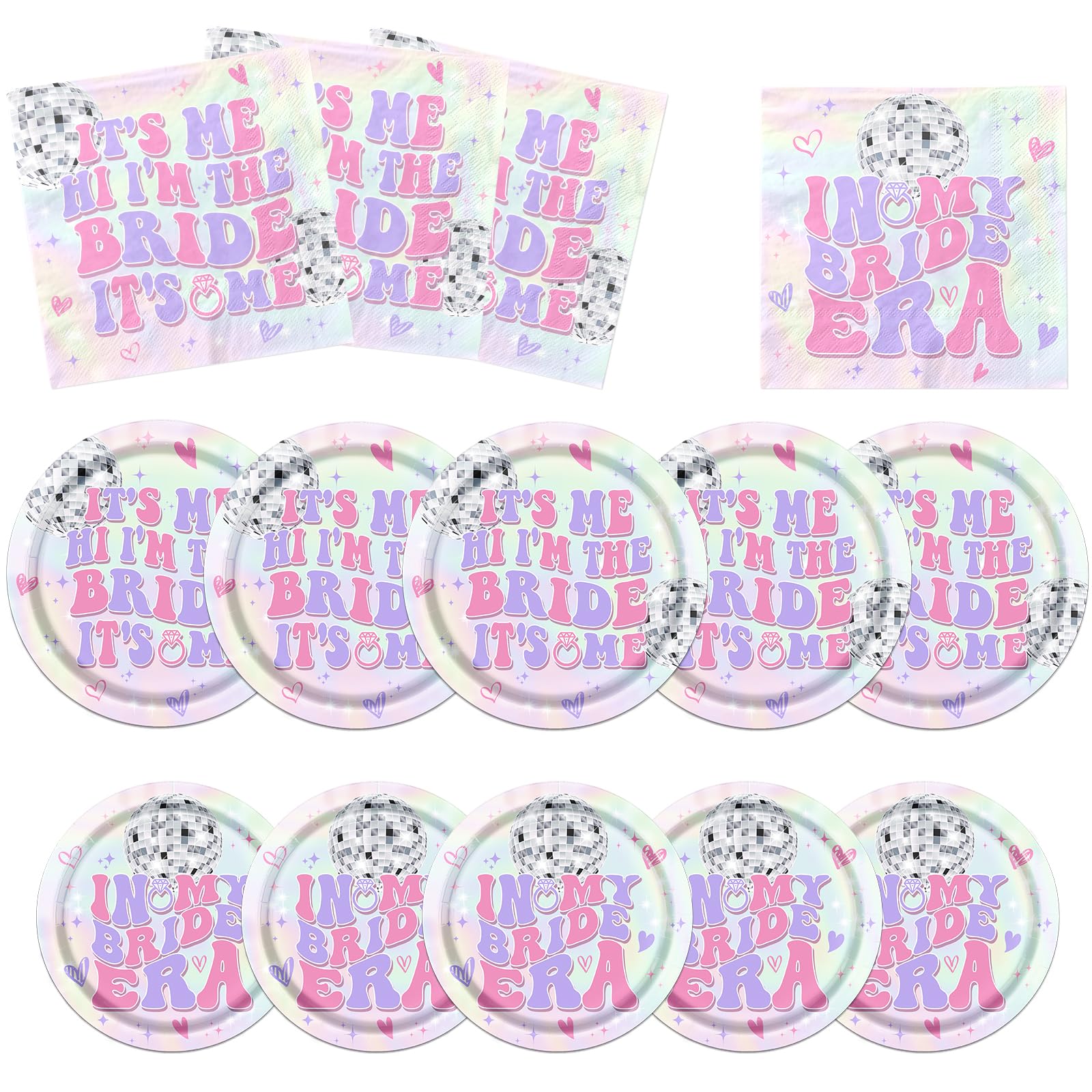 Iridescent Its Me Hi Im The Bride Its Me Tableware, 60 Pcs Iridescent Bachelorette Party Decorations includes In My Bride Era Plates and Its Me Hi Im The Bride Its Me Napkins for Bridal Shower