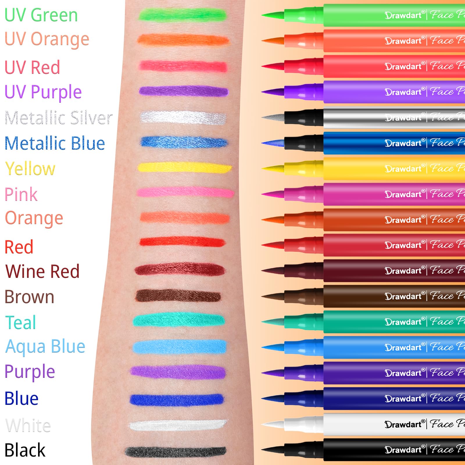 Drawdart 18 Colors Face Painting Markers, Water Resistance Sweatproof Halloween Face Body Paint Markers, Waterproof Tattoo Pen, Anti Smudge Face Paint Markers for Halloween Party Kids Adults