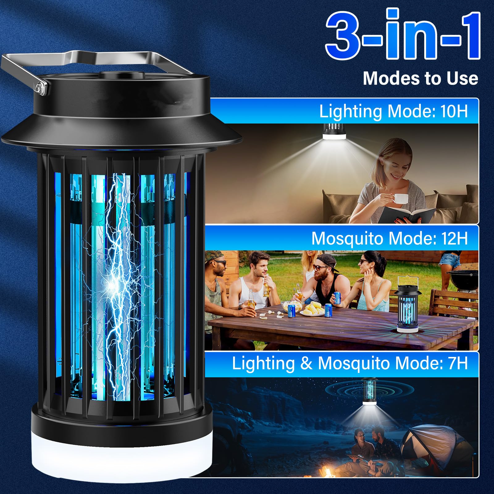 Bug Zapper Outdoor with LED Light, 4200V USB Rechargeable Mosquito Killer Lamp, Electric Fly Trap, Indoor and Outdoor Bug Zapper, Suitable for Home, Backyard, Patio, Camping and Fishing