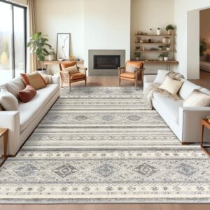 madane 8x10 area rugs for living room, stain resistant moroccan washable rugs 8x10, thin geometric area rugs 8x10 with non-slip backing, soft low pile neutral 8x10 rug, grey/ivory