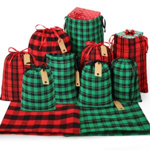 hrx package fabric christmas gift bags assorted (large 20in, medium 16in, small 12in), 9pcs cotton gift wrapping sacks cloth pouches for xmas presents