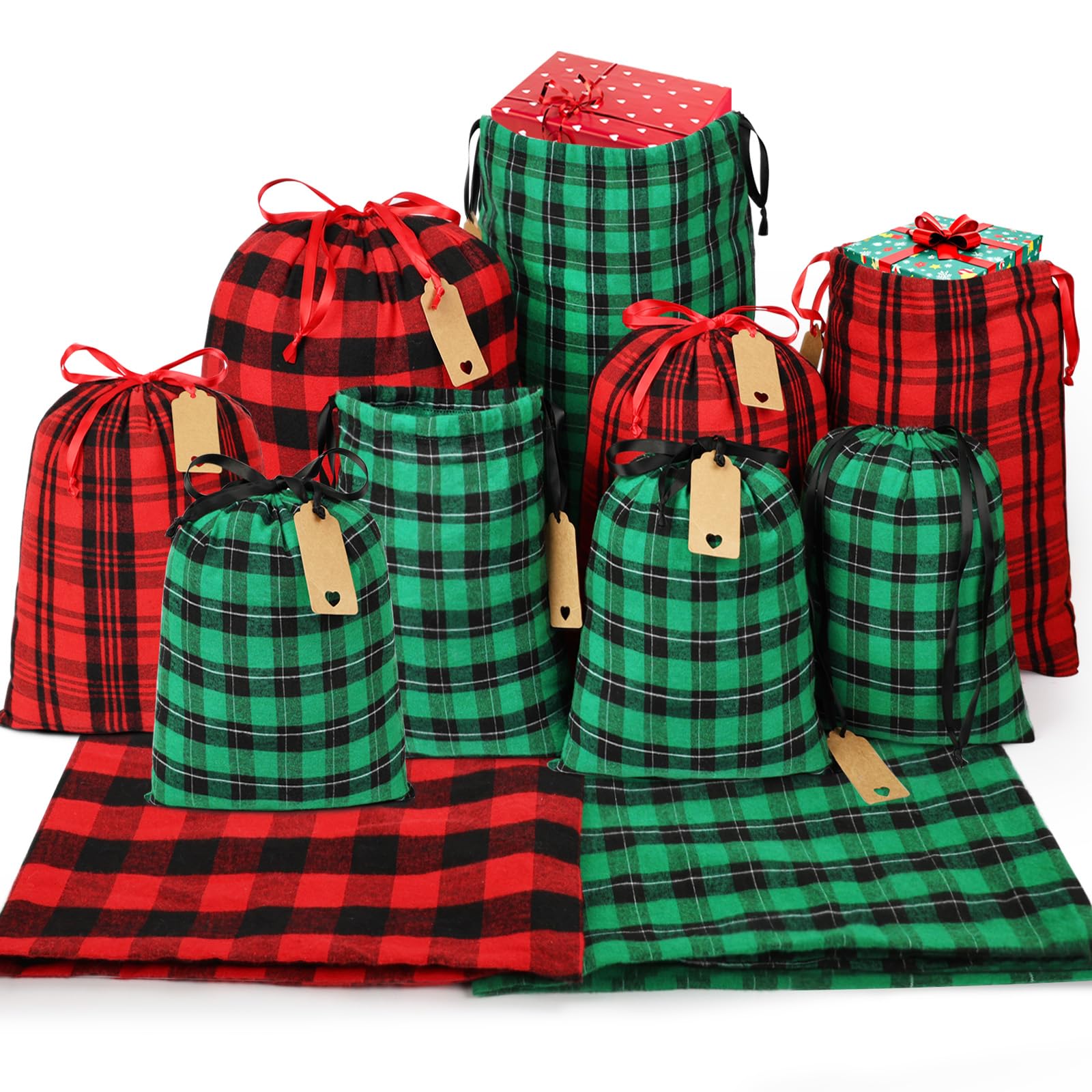 HRX Package Fabric Christmas Gift Bags Assorted (Large 20in, Medium 16in, Small 12in), 9pcs Cotton Gift Wrapping Sacks Cloth Pouches for Xmas Presents