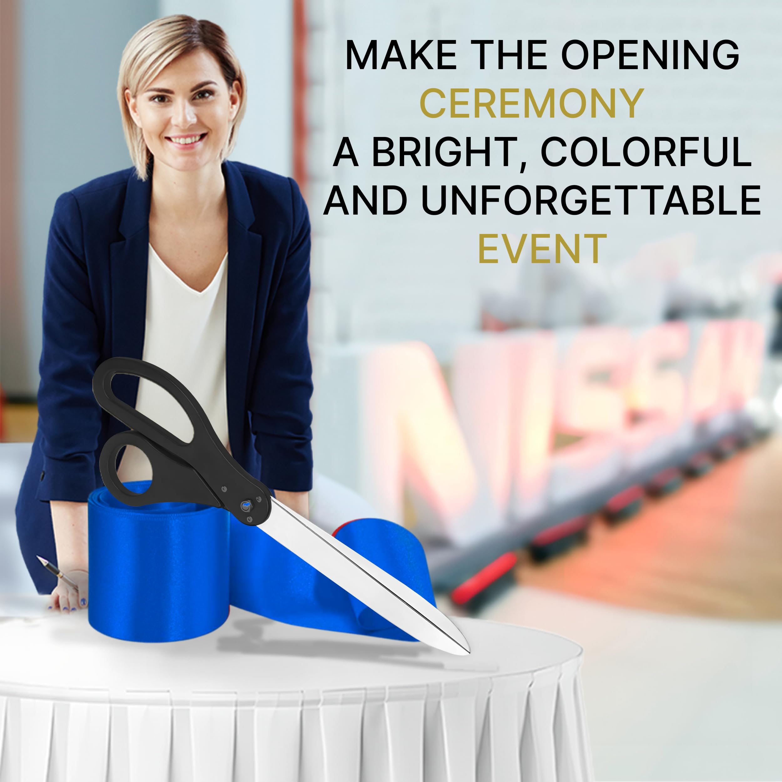 Grand Opening Ceremony Kit — 25" Giant Ribbon Cutting Scissors Black and Royal Blue Satin Ribbon for Grand Openings Inaugurations Ceremonies & Special Events