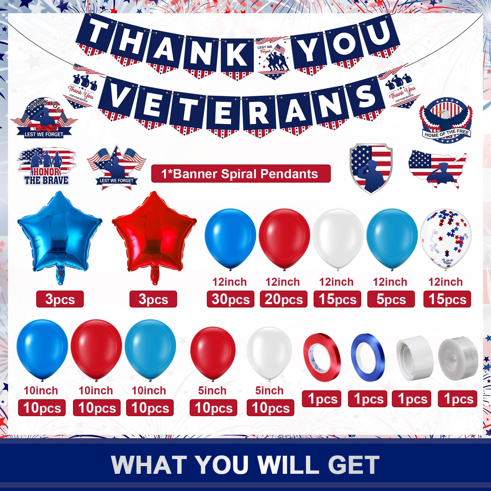 Realspring 147 Pcs Happy Veterans Day Party Decorations, Blue Red White Balloon Garland Arch Kit, Thank You Veterans Banner and Swirls Set for Thank You Veterans Party, Patriotic Party Supplies