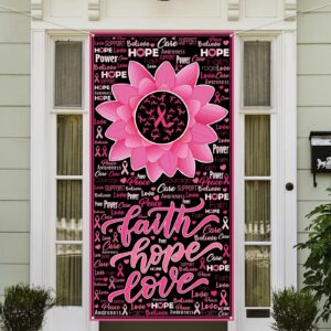 Breast Cancer Awareness Door Cover Hope Faith Love Photo Backdrop October Pink Ribbon Party Decorations and Supplies for Home