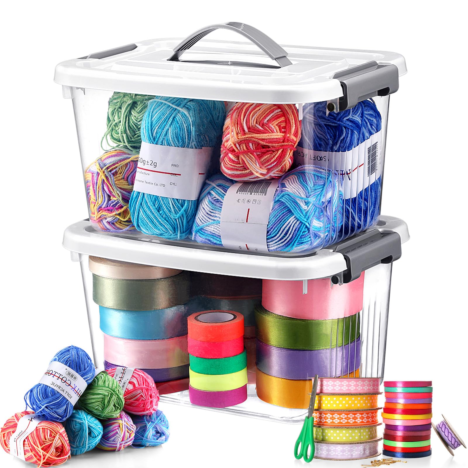 CroBlissful 2 Pcs Tall Yarn Storage Organizer Plastic Storage Bins with Lids Ribbon Organizer Clear Stackable Crochet Storage Container Holder for Thread Beads Ribbon Glitter Yarn