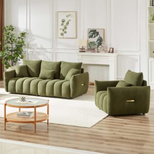 Antetek Teddy Sofa Set for Living Room, Modern Deep Seat Sofa Chair and Oversized 3-Seater Cloud Boucle Couch for Bedroom, Office, Apartment, Furniture Set, Green (2 Piece)