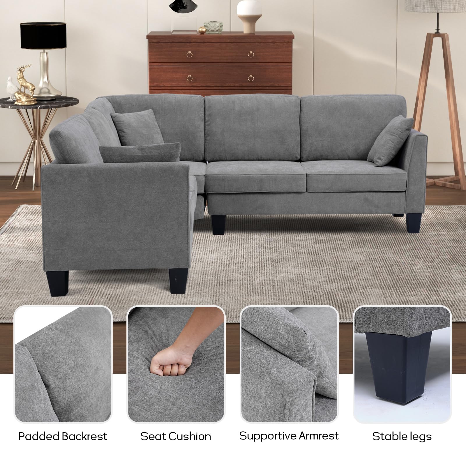 EBELLO Convertible Sectional Sofa L Shaped Couch for Living Room, Reversible Sectional Corner Sofa Small L Couches for Small Apartment, Grey