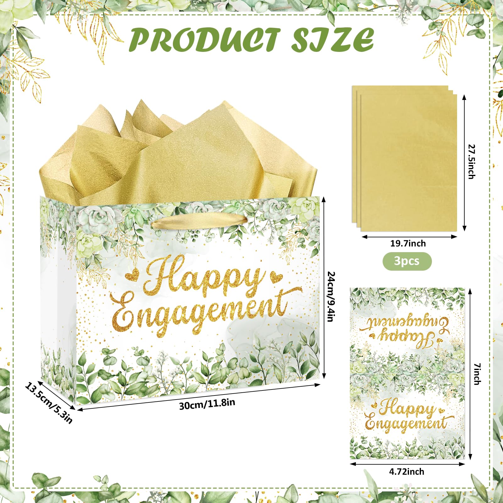 Engagement Party Gift Bags Sage Green Happy Engagement Gift Wrapping Paper Bag with Tissue Paper Card Eucalyptus Christmas Engagement Party Decorations Gift Bags Sage Green Happy Engagement Supplies