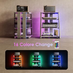 FITUEYES Design 4-Tier AV Media Stand with LED Lights, Wooden Stereo Cabinet, Audio Rack Tower with Adjustable Shelves, Small AV Component Entertainment Stand, Khaki