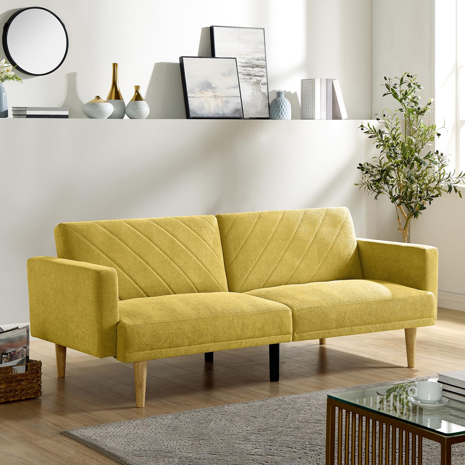 Tilly Lin Multi-Functional Futon Sofa Bed :Tapered Wood Legs - Ideal for Small Living Rooms - Multi-Color Fabric Options - Easily Converts to Single Bed, Yellow