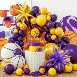 Purple and Yellow Balloon Arch Kit,Basketball Balloons with Gold Purple Star Foil Balloons,for Boys Basketball Party Sport Theme Birthday Graduation Anniversary Wedding Baby Shower Decorations