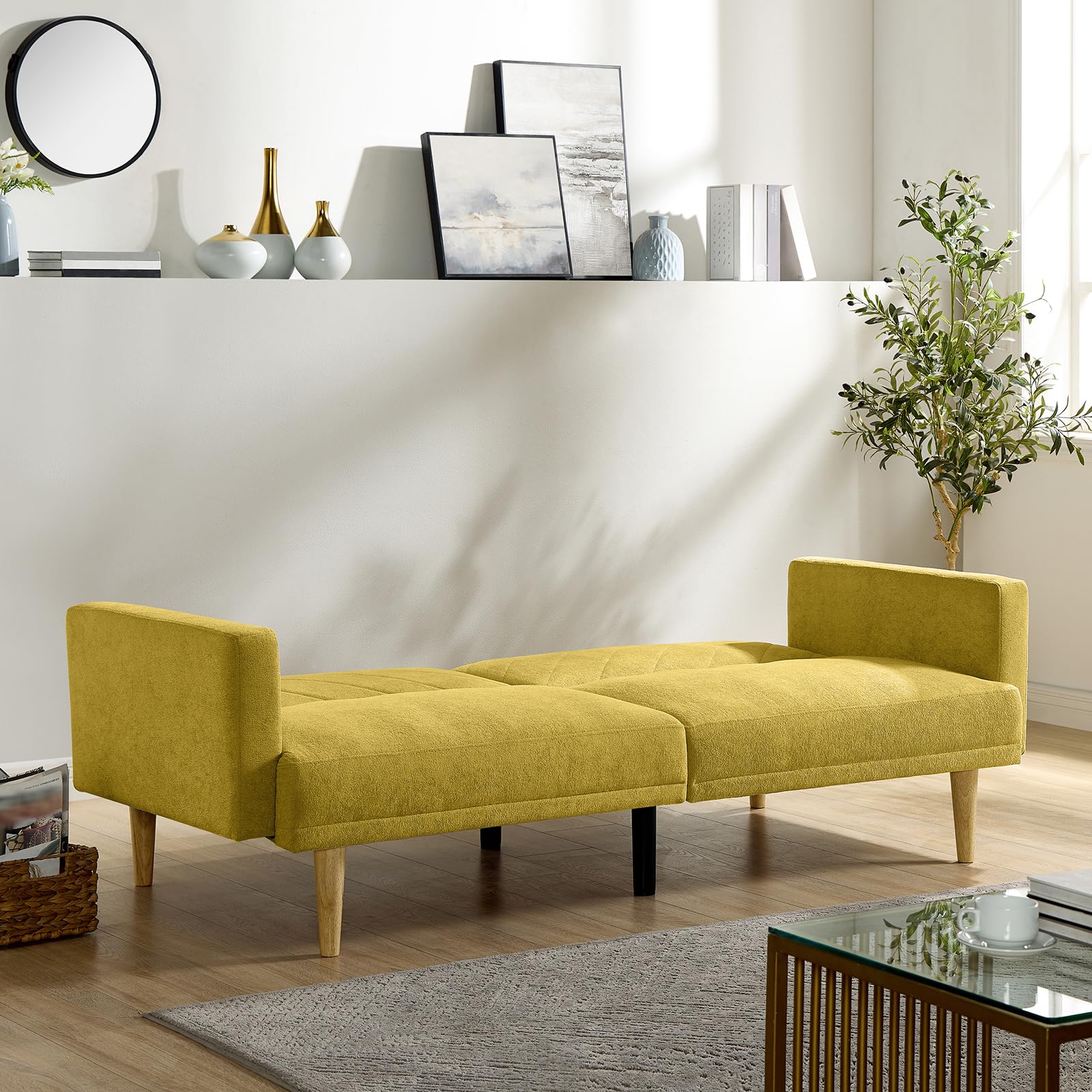 Tilly Lin Multi-Functional Futon Sofa Bed :Tapered Wood Legs - Ideal for Small Living Rooms - Multi-Color Fabric Options - Easily Converts to Single Bed, Yellow