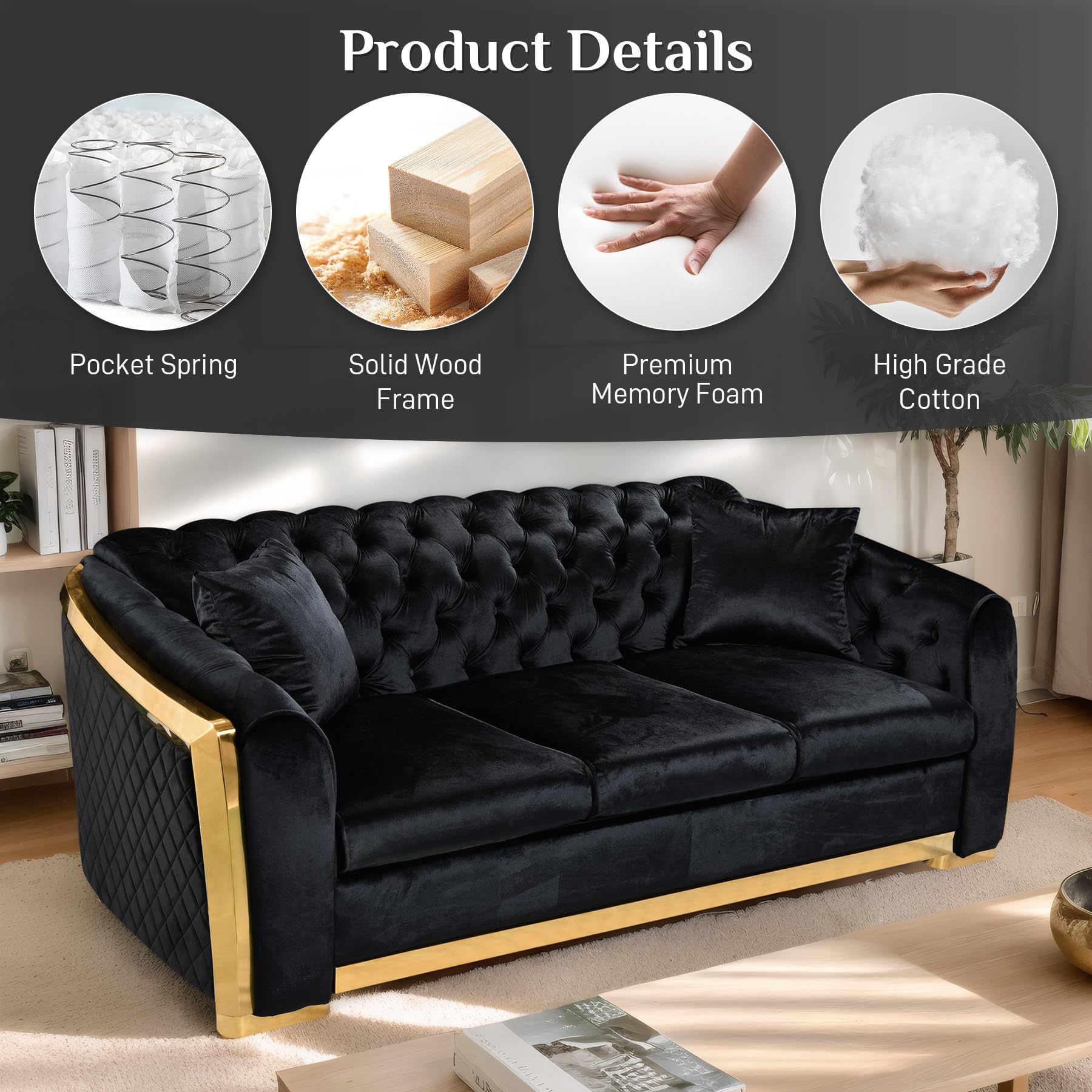 Mid Century Modern Chesterfield Sofa Couch, 81" Velvet Couch Chesterfield Sofa Luxury Upholstery Curved Sofas for Living Room, 3 Seat Tufted Sofa Furniture with 2 Pillows & Classic Gold Legs, Black