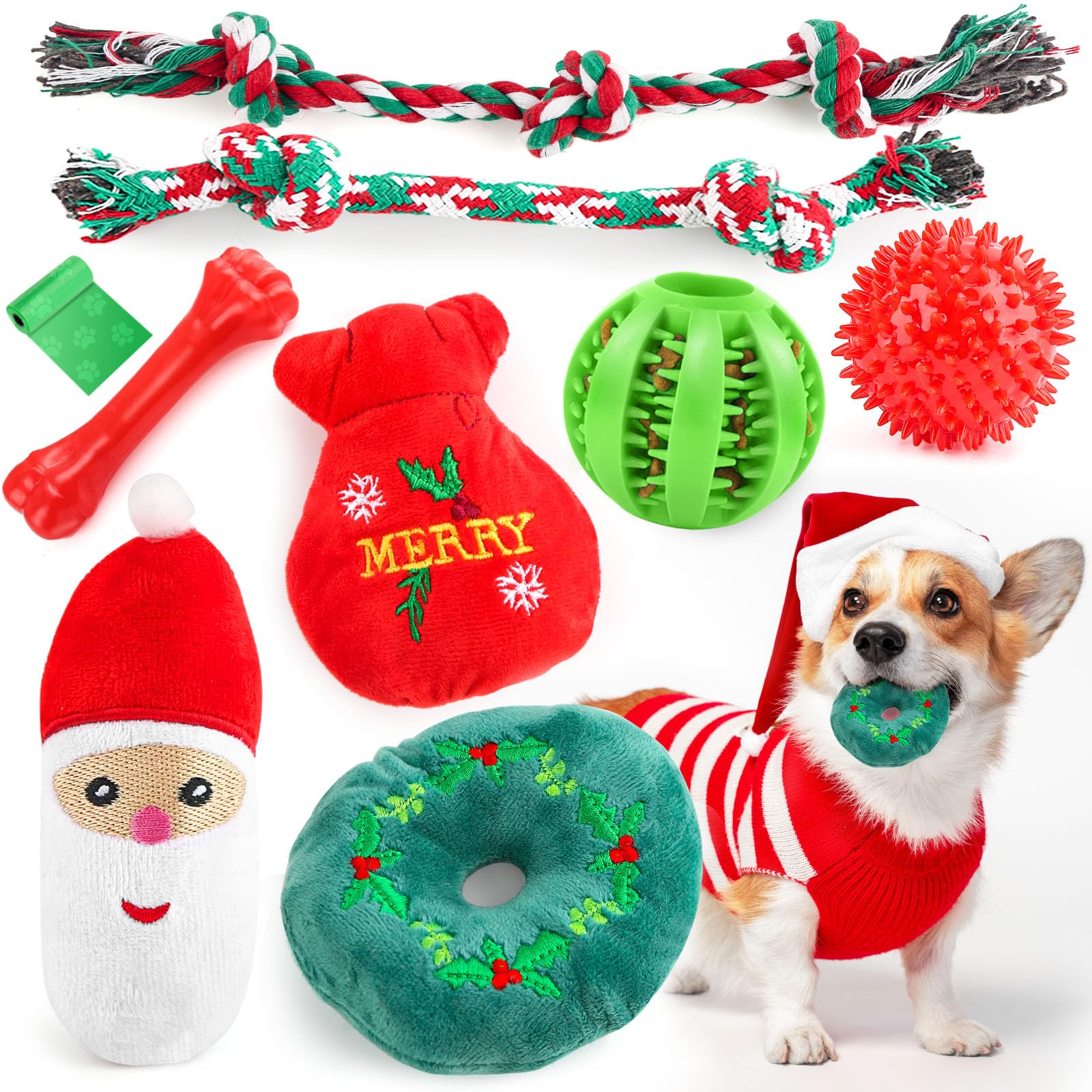 HOHOM Christmas Dog Toys, 9 Pack Luxury Puppy Chew Toy, Cotton Squeaky Plush Toys for Small Dogs, Durable Interactive Rope Treat Dog Ball and Bones, Rubber Teething Toys for Puppies Dogs