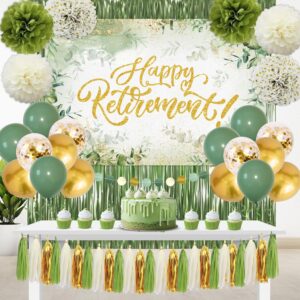 sage green retirement party decorations - happy retirement banner foil curtains backdrop tissue paper pom poms latex and confetti balloons for retirement party supplies