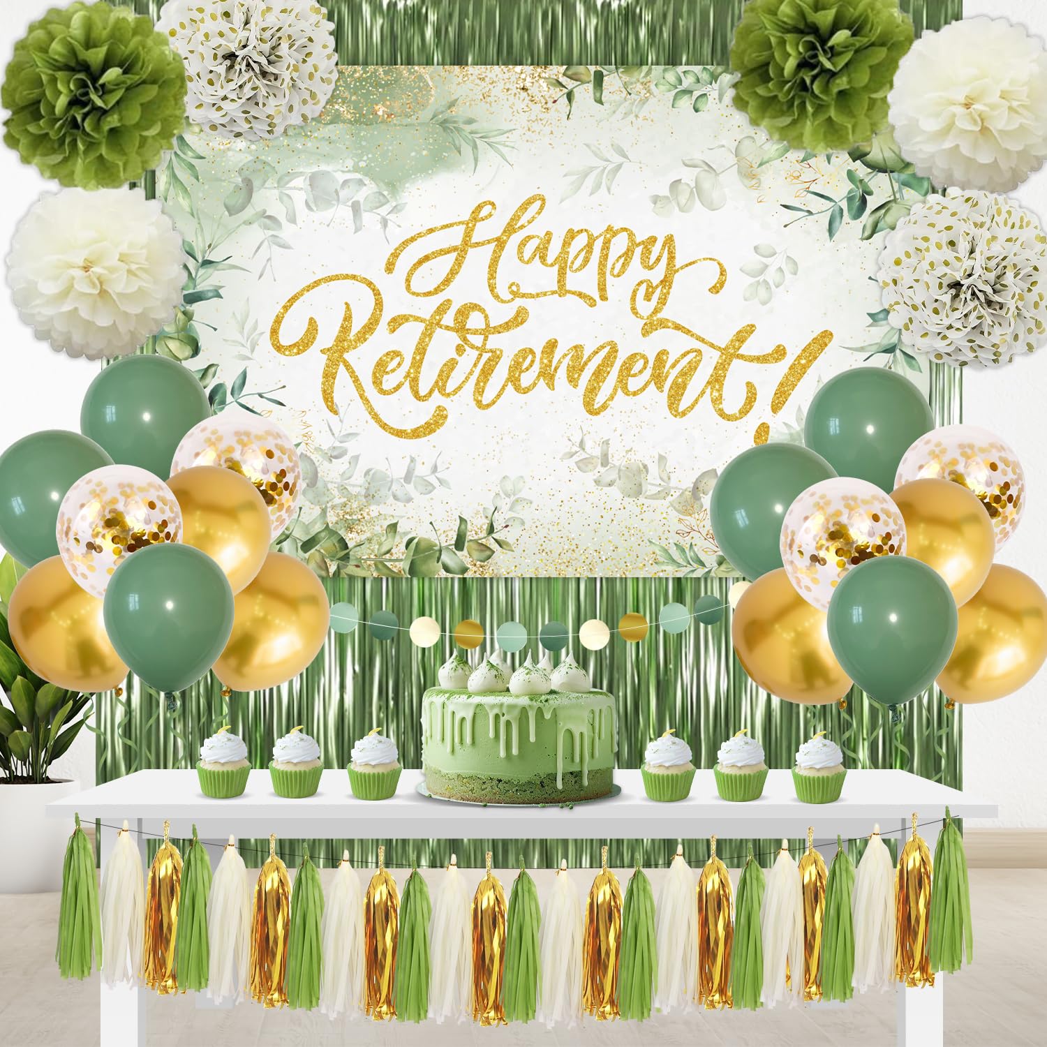 Sage Green Retirement Party Decorations - Happy Retirement Banner Foil Curtains Backdrop Tissue Paper Pom Poms Latex and Confetti Balloons for Retirement Party Supplies